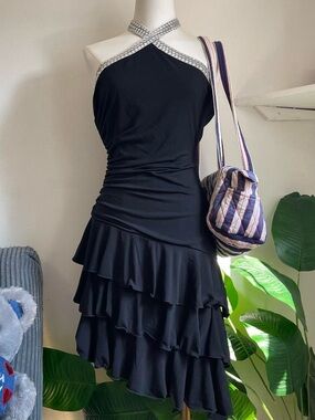 Vintage Black One-Shoulder Ruffle Dress with Silver Trim